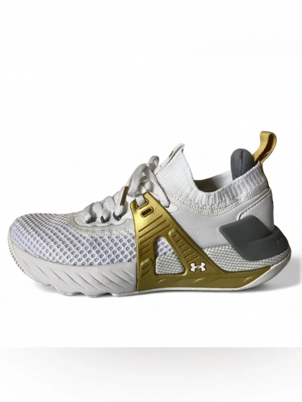 Under Armour Project Rock 4 White Metallic Gold Knit Trainer Sneakers size 5.5